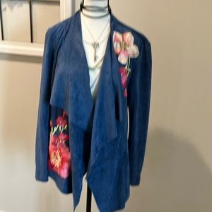 V Cristina Blue Vegan Suede Embroidered Waterfall Cardigan 1G
